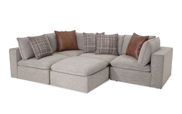 Infinity Gray 117'' 5-piece modular sectional with gray polyester fabric, transitional style, includes 2 armless chairs, 2 corners, 1 ottoman, feather-blend pillows, and a sturdy Siberian pine frame.