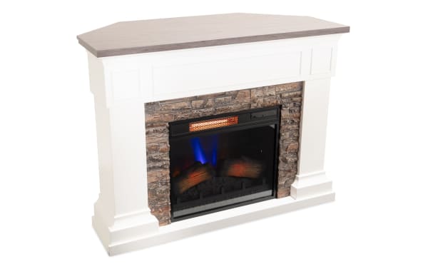 Stonebrook 23.5'' transitional electric fireplace with white MDF mantel, brown stone surround, realistic faux flames, and heating function.