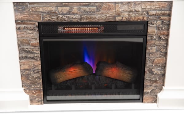 Stonebrook 23.5'' White & Brown Electric Fireplace with realistic faux flames, MDF frame, stone surround, and transitional style heating unit.