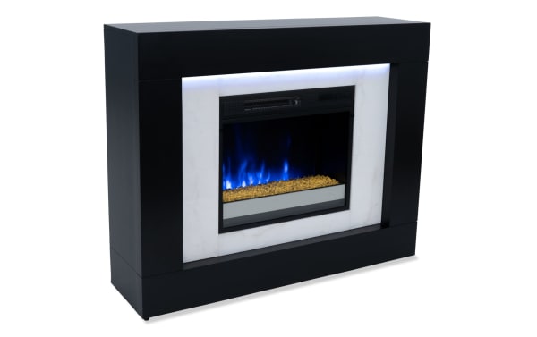Elm 47.4'' transitional electric fireplace with espresso MDF frame, white marble front, LED downlighting, and remote color-changing flames.