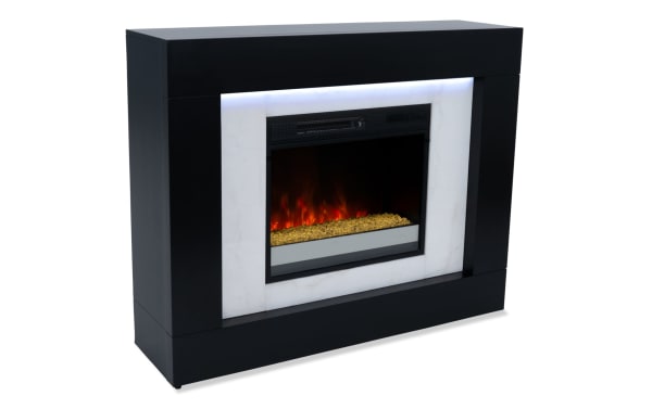 Elm 47.4'' Espresso & Marble Transitional Electric Fireplace with marble front, espresso MDF frame, LED downlighting, and remote color-changing flames.