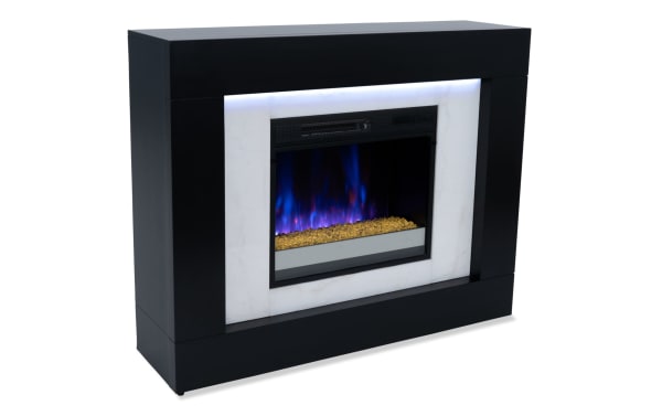 Elm 47.4" Transitional electric fireplace with espresso MDF frame, white marble front, LED downlighting, and remote-controlled color-changing flames.