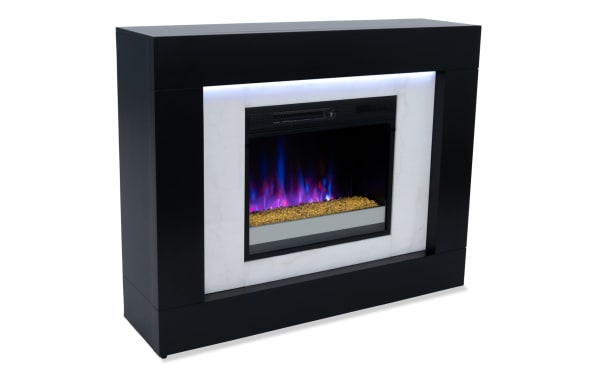 Elm 47.4" transitional electric fireplace with espresso MDF frame, white marble front, LED downlighting, and remote-controlled color-changing flames.