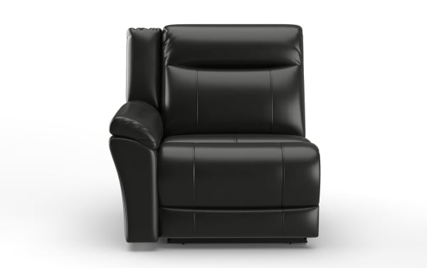 Black leather recliner chair with padded armrest and cushioned backrest, modern design for living room seating comfort.