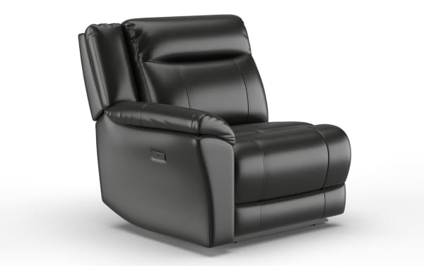 Black leather power recliner chair with plush cushioning, padded armrests, and modern stitching details, ideal for living room comfort.