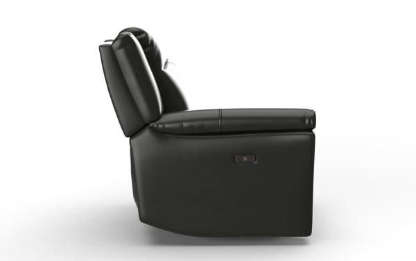 Black leather recliner chair shown from the side, featuring cushioned armrest, padded backrest, and built-in reclining control buttons.