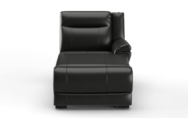 Black leather chaise lounge with cushioned backrest, armrest, and sleek modern design, ideal for contemporary living spaces.