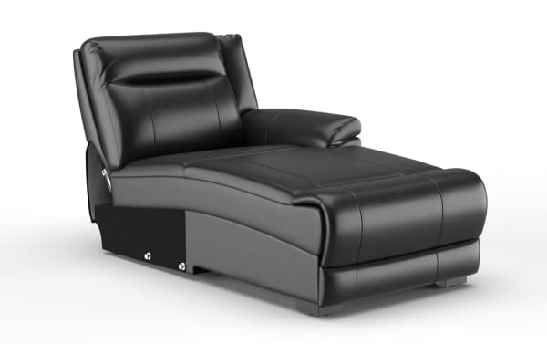 Black leather chaise lounge chair with cushioned backrest and armrest, featuring sleek modern design and smooth upholstery.