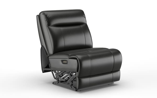 Black leather power recliner chair with padded backrest and seat, featuring visible reclining mechanism and side control buttons for adjustable comfort.