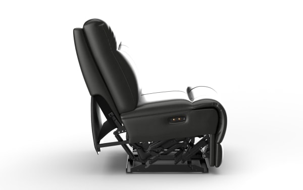 Black leather power recliner chair with padded cushioning, adjustable backrest and footrest, featuring visible metal reclining mechanism.