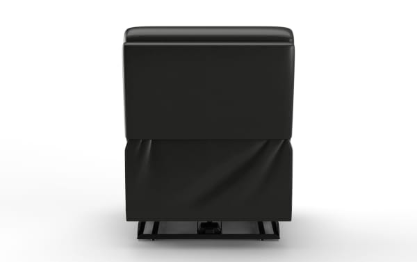 Black leather recliner chair viewed from the back, featuring smooth upholstery and a sturdy metal base frame for home or office seating.