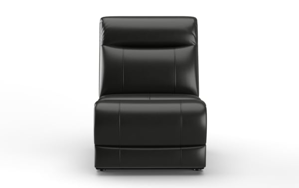 Modern black leather armless accent chair with cushioned backrest and seat, sleek minimalist design for living room or office seating.