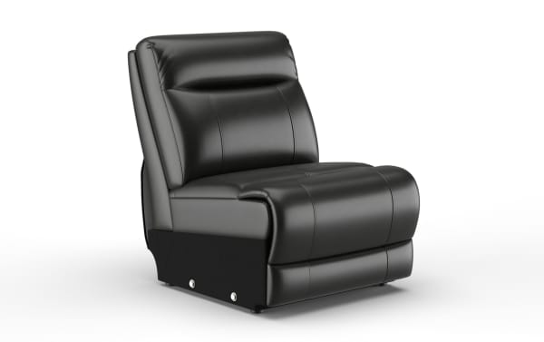 Black leather armless recliner chair with cushioned backrest and seat, modern style, smooth upholstery, and metal button accents.