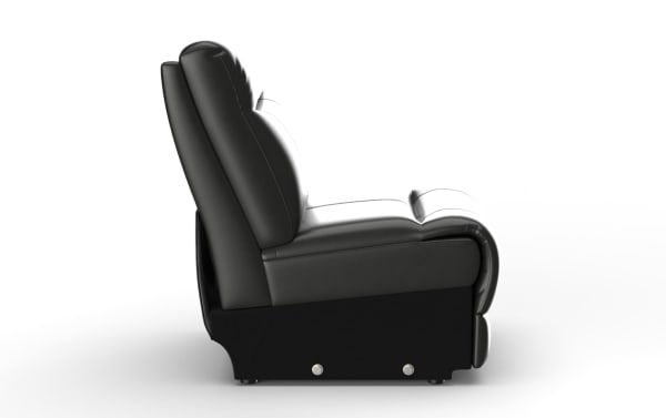 Black leather recliner chair with cushioned seat and backrest, featuring a modern, sleek design and sturdy base for living room comfort.