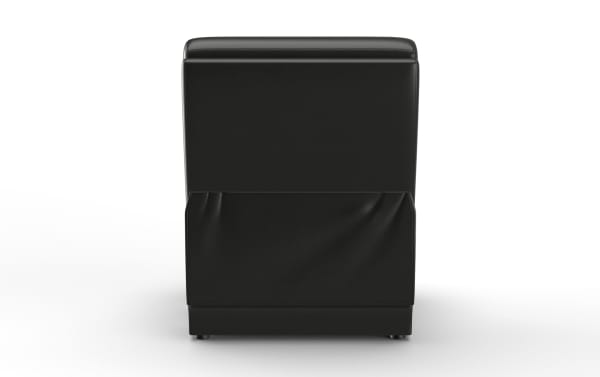 Black leather recliner chair shown from the back with smooth upholstery and a slightly wrinkled lower panel, modern design.