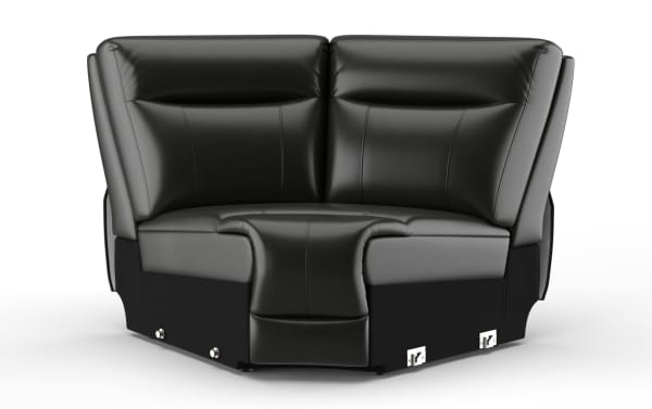 Black leather corner recliner sofa with cushioned backrest and seat, featuring a modern design and metal recline handles.