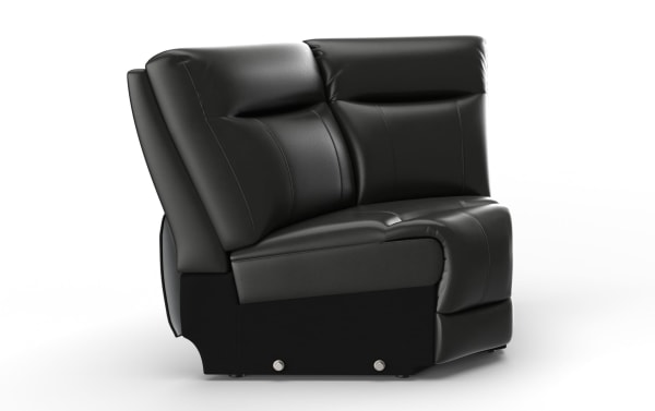 Black leather sectional sofa corner piece with plush cushioning and modern stitching, designed for comfort and style in living rooms.