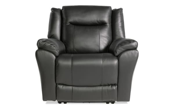 Frontier black leather power recliner with plush padded arms, transitional style, USB and USB-C charging ports, and memory foam seating for ultimate comfort.