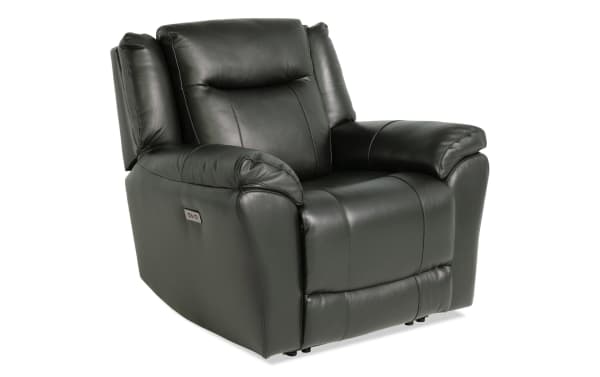 Frontier Black Leather Power Recliner in transitional style with plush padded arms, USB and USB-C ports, and smooth black leather upholstery.
