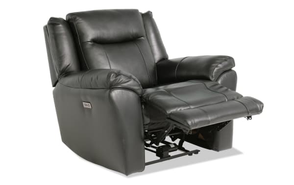 Frontier Black Leather Power Recliner with USB & USB-C ports, transitional style, 100% leather upholstery, power reclining with memory foam cushioning.