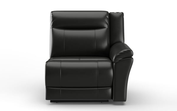 Black leather sectional sofa corner piece with padded armrest and cushioned backrest, modern design for living room seating.