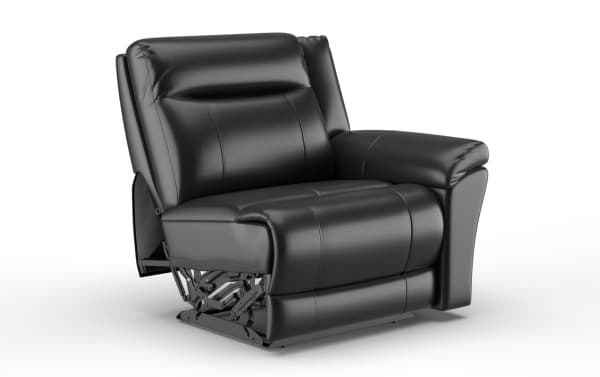 Black leather recliner chair with cushioned armrests and padded backrest, featuring visible reclining mechanism and modern stitching details.