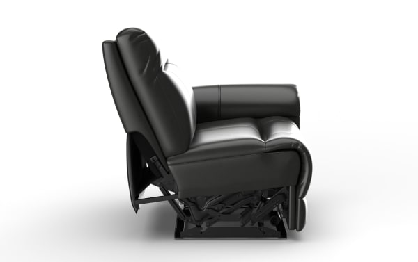 Black leather recliner chair shown from the side, featuring cushioned armrests, padded seat and backrest, and visible reclining mechanism.