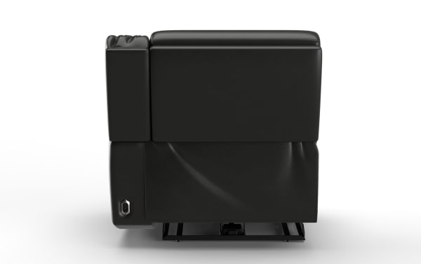 Black leather recliner chair side view showing smooth upholstery, cushioned armrest, and power outlet for electric reclining function.