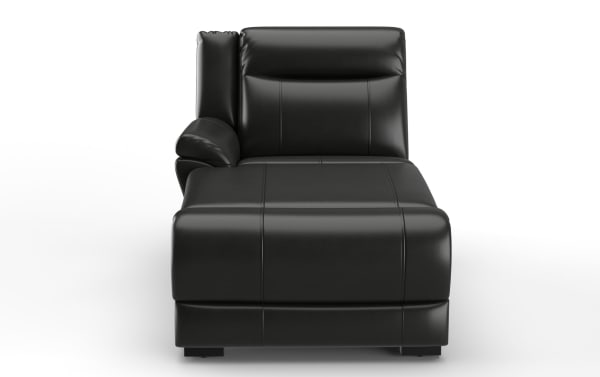 Black leather chaise lounge with cushioned backrest and armrest, featuring sleek modern design and stitched detailing for living room seating.