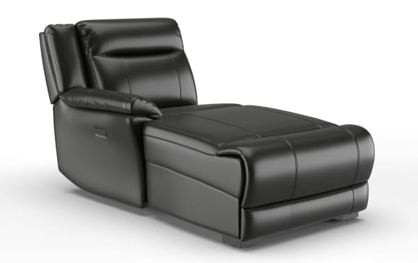 Black leather reclining chaise lounge chair with padded armrest and cushioned backrest, designed for comfort and relaxation.
