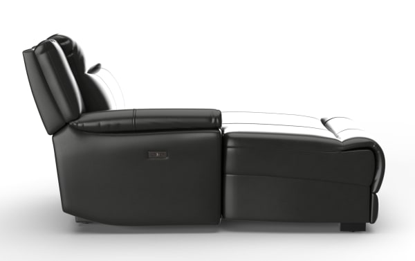 Black leather power recliner chair with cushioned armrests and adjustable backrest, designed for home comfort and relaxation.