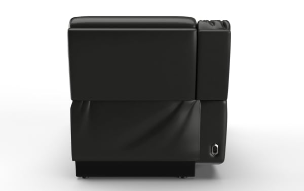 Black leather sectional sofa armrest with visible stitching and a built-in power outlet on the side panel, modern design.
