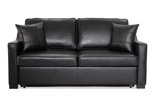 Bob-O-Pedic® Black Leather 73'' Queen Pop-Up Sleeper Sofa in transitional style with black leather upholstery, slope arms, and two matching accent pillows.