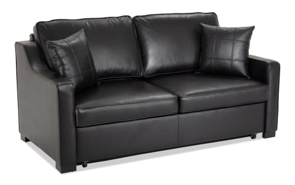 Bob-O-Pedic Black Leather 73" Queen Pop-Up Sleeper Sofa with transitional style, black leather upholstery, slope arms, and matching accent pillows.