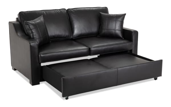 Bob-O-Pedic® Black Leather 73'' Queen Pop-Up Sleeper Sofa in black leather with transitional style, slope arms, accent pillows, and retractable memory foam sleeper.