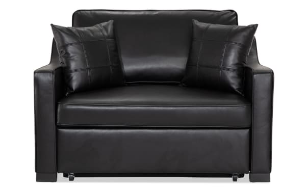 Bob-O-Pedic® Black Leather Twin Pop-Up Sleeper Chair with transitional style, slope arms, black leather upholstery, and two matching accent pillows.