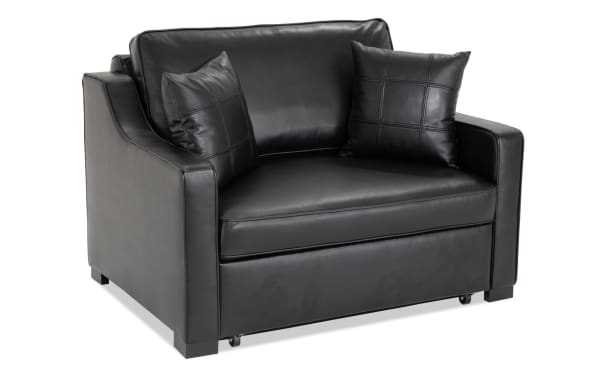 Bob-O-Pedic Black Leather Twin Pop-Up Sleeper Chair in black leather with transitional style, slope arms, accent pillows, and hidden memory foam sleeper.
