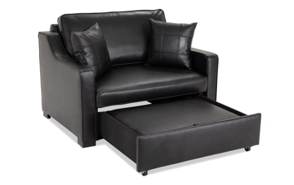 Bob-O-Pedic® Black Leather Twin Pop-Up Sleeper Chair in transitional style with smooth black leather upholstery, slope arms, accent pillows, and retractable sleeper.