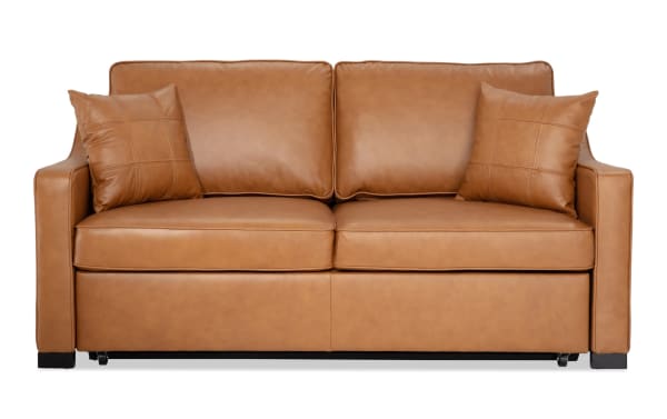 Bob-O-Pedic Cognac Leather 73" Queen Pop-Up Sleeper Sofa in brown transitional style with slope arms, leather upholstery, memory foam cushions, and accent pillows.
