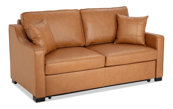 Bob-O-Pedic® Cognac Leather 73'' Queen Pop-Up Sleeper Sofa in brown leather with transitional style, slope arms, memory foam cushions, and accent pillows.