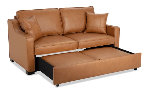 Bob-O-Pedic Cognac Leather 73" Queen Pop-Up Sleeper Sofa in brown leather with transitional style, slope arms, memory foam cushions, and accent pillows.