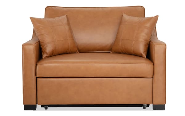 Bob-O-Pedic Cognac Leather Twin Pop-Up Sleeper Chair in brown leather with transitional style, slope arms, accent pillows, and memory foam cushions.