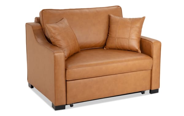 Bob-O-Pedic® Cognac Leather Twin Pop-Up Sleeper Chair in brown leather with transitional style, slope arms, memory foam cushions, and accent pillows.