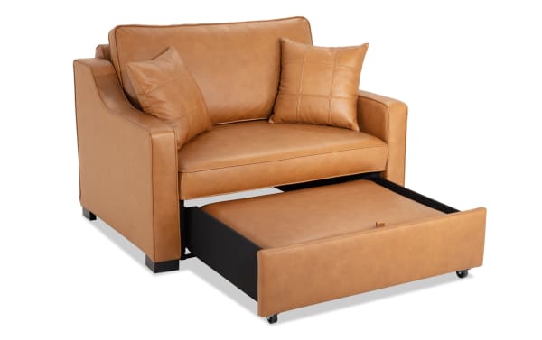 Bob-O-Pedic® Cognac Leather Twin Pop-Up Sleeper Chair in brown leather with transitional style, slope arms, memory foam cushions, and two accent pillows.