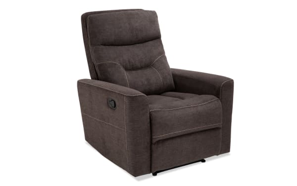 Reid Charcoal Manual Recliner in gray polyester fabric with padded seating, transitional style, and manual recline lever for comfort and relaxation.
