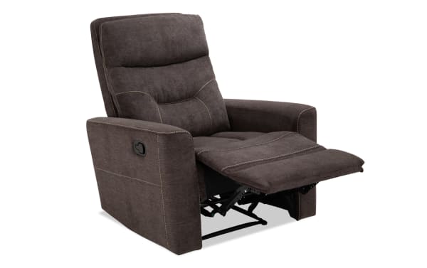 Reid Charcoal Manual Recliner in gray polyester fabric with transitional style, padded seating, and a manual lever for adjustable footrest and backrest.