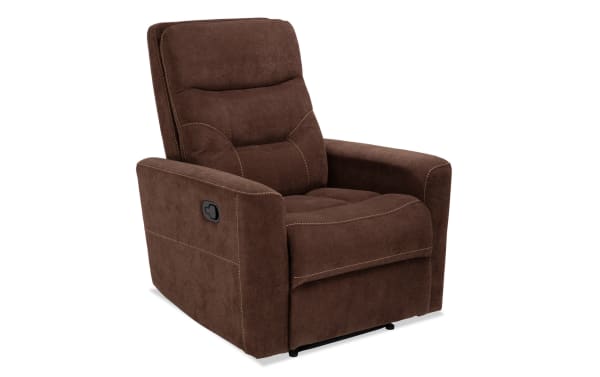 Reid Brown Manual Recliner in brown polyester fabric with transitional style, padded seat, and manual recline lever for comfortable seating.