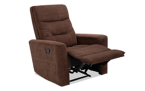 Reid Brown Manual Recliner in brown polyester fabric with padded seating, transitional style, and manual recline lever for comfort and relaxation.