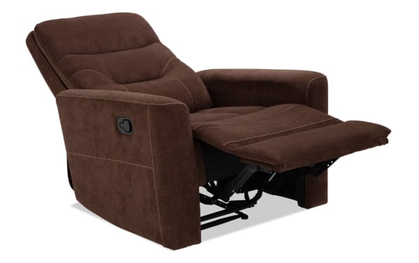 Reid Brown Manual Recliner in brown polyester fabric with padded seating, transitional style, and manual recline lever for comfort and relaxation.