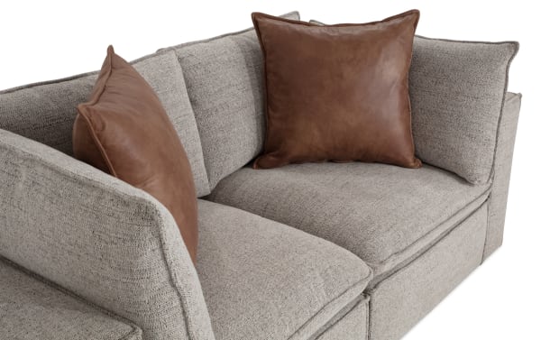 Infinity Gray 85'' 2 Piece Modular Loveseat with 2 Corners in gray polyester fabric, transitional style with brown Bob-O-Pedic® accent pillows and removable cushions.